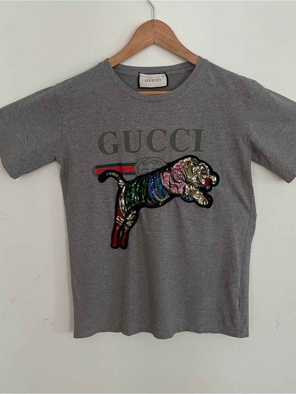 Gucci Sequin Leaping Tiger Logo Tee Shirt